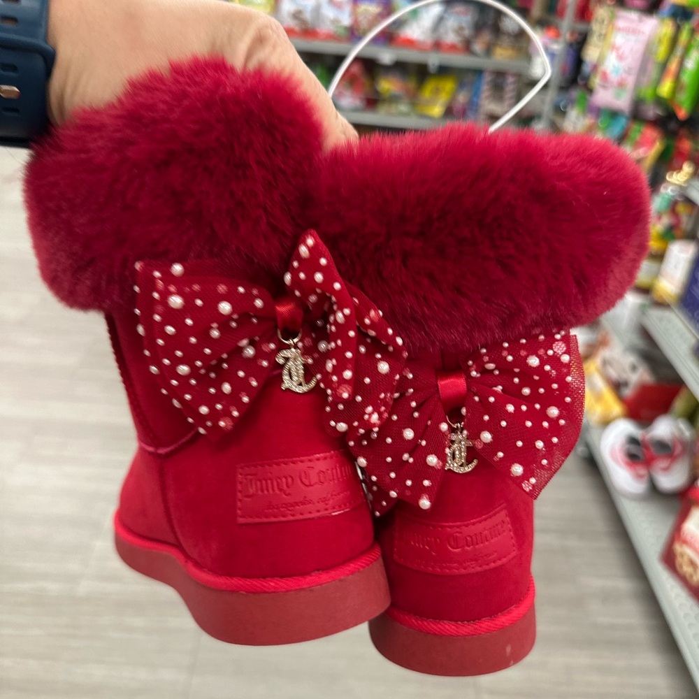 Juicy Couture Red Furry Boots with Polka Dot Bows